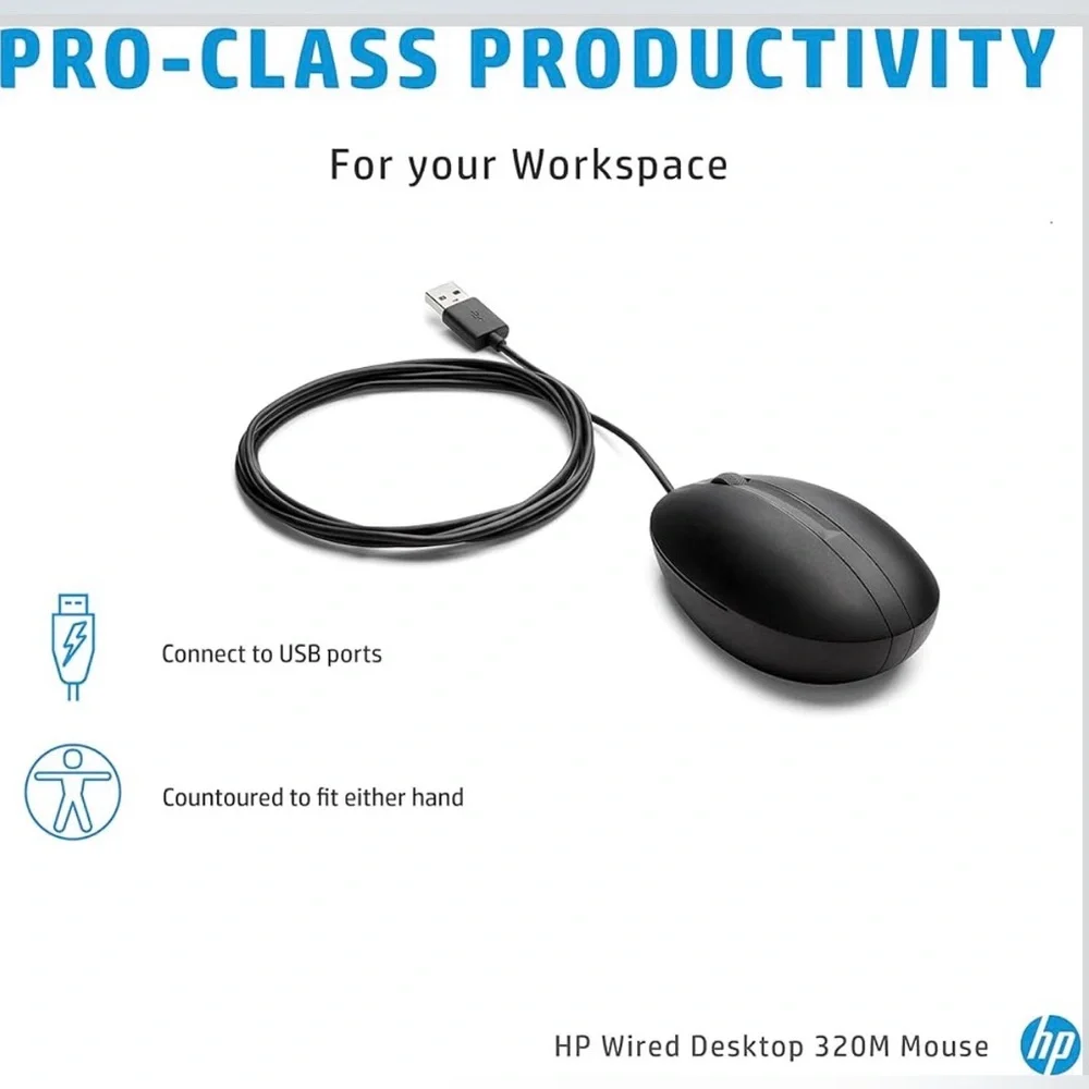 New HP Wired Desktop 320M Mouse - Black (NWT)